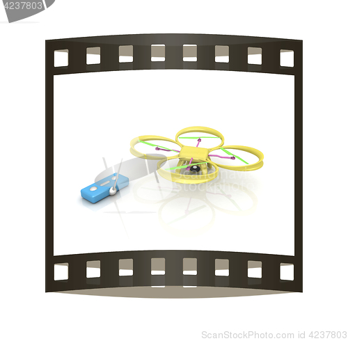 Image of Drone with remote controller. The film strip