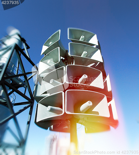 Image of Isolated loudspeakers. Toned image. Motion blur effect.