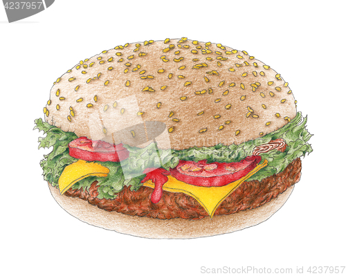 Image of Hamburger on a bun over white background