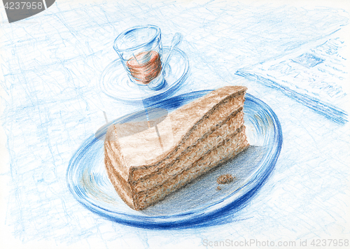 Image of Piece of cake on plate, coffee and newspaper