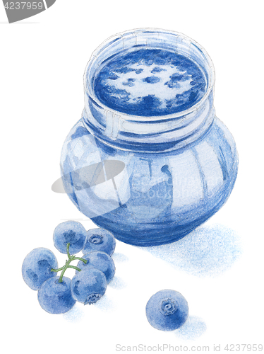 Image of Blueberries and jar filled by blueberry jam over white backgroun