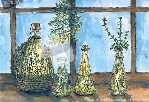 Image of Bottles with herbal liquids and blue window