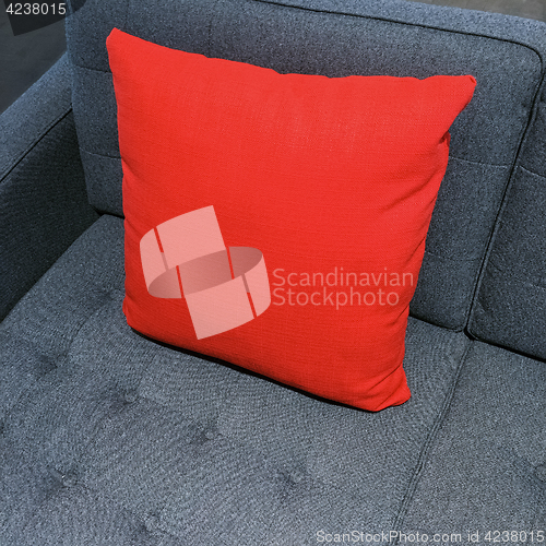 Image of Vibrant red cushion decorating gray sofa