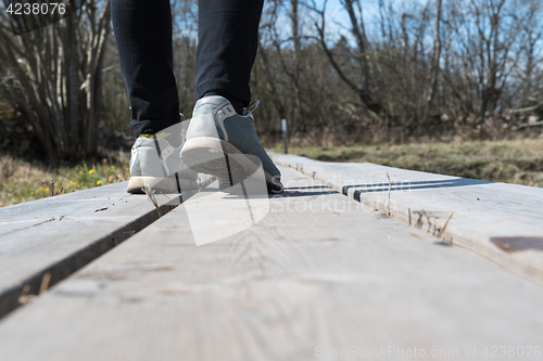 Image of Walking on a wooden footpath