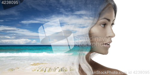 Image of beautiful young woman face over beach background