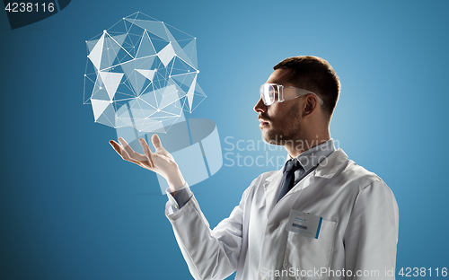 Image of scientist in goggles with low poly projection