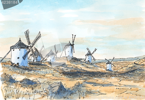 Image of Spanish old-fashioned windmills in Consuegra, Castile