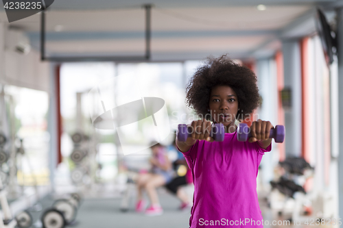 Image of woman working out in a crossfit gym with dumbbells