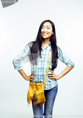 Image of young pretty asian woman posing cheerful emotional isolated on white background, lifestyle people concept