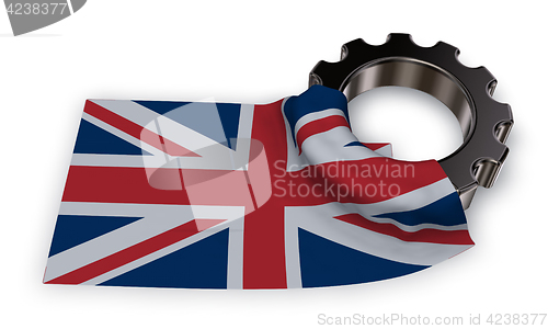 Image of gear wheel and flag of the united Kingdom of Great Britain and Northern Ireland - 3d rendering