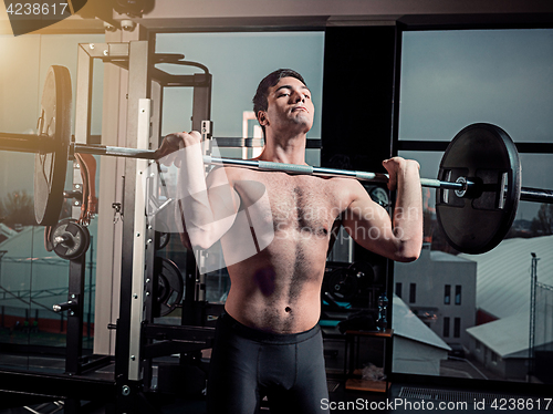 Image of Portrait of super fit muscular young man working out in gym with barbell