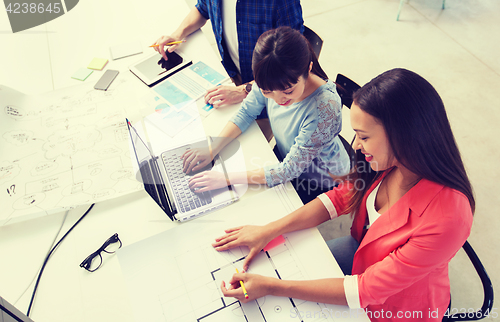 Image of creative team with laptop and blueprint at office