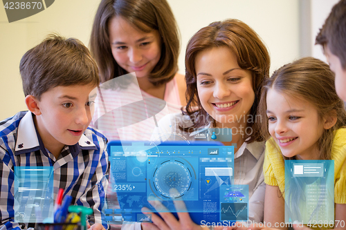 Image of group of kids with teacher and tablet pc at school