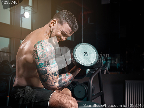 Image of Very power athletic guy bodybuilder , execute exercise with dumbbells, in dark gy,