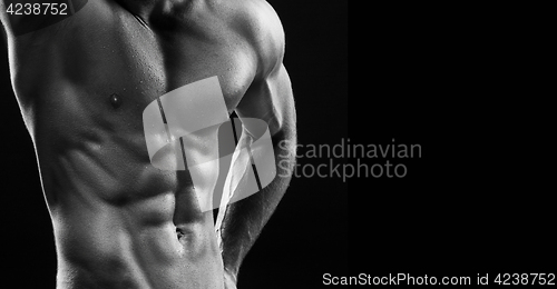 Image of The torso of attractive male body builder on black background.