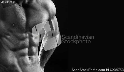 Image of The torso of attractive male body builder on black background.