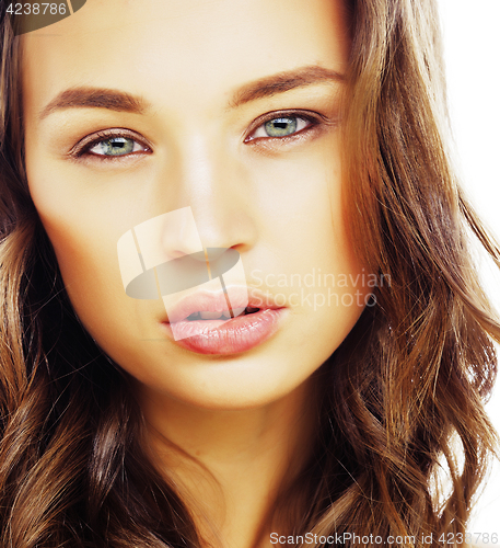 Image of young sweet brunette woman close up isolated on white background