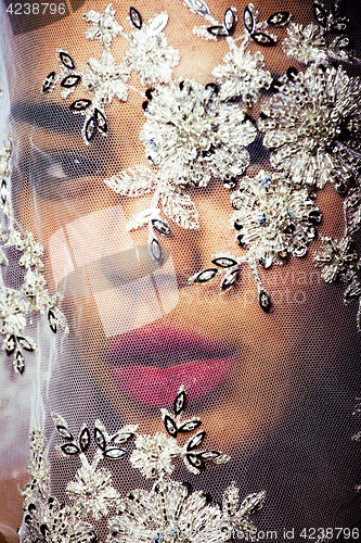 Image of portrait of beauty young afro woman through white lace, like new