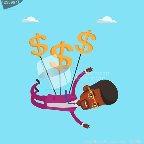 Image of Businessman flying with dollar signs.