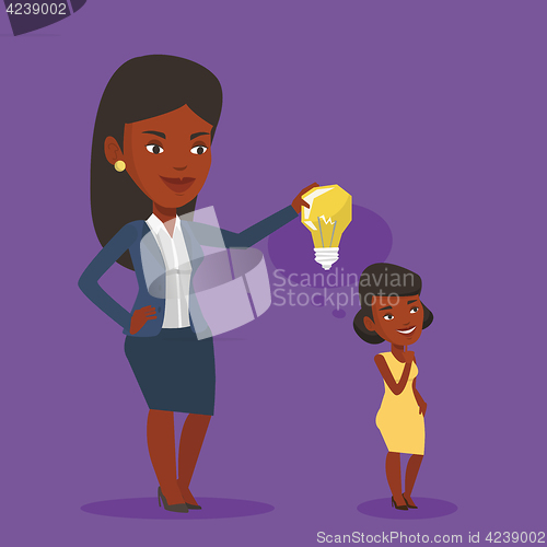 Image of Business woman giving idea bulb to her partner.