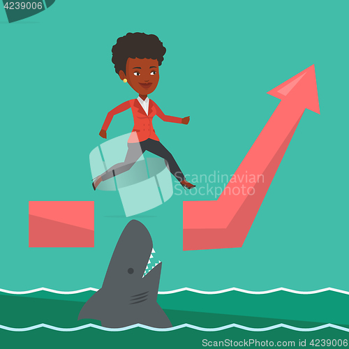 Image of Business woman jumping over ocean with shark.