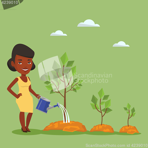 Image of Business woman watering trees vector illustration.