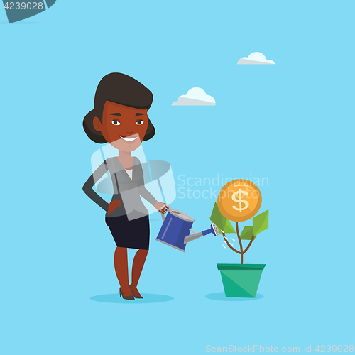 Image of Business woman watering money flower.