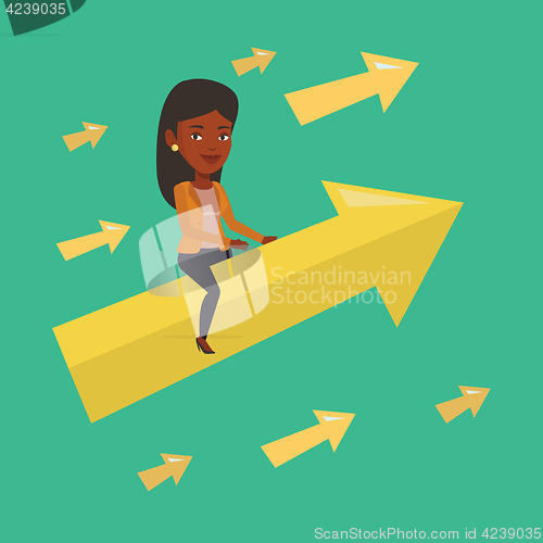 Image of Happy business woman flying to success.