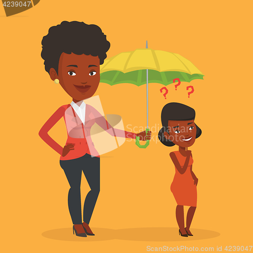 Image of Insurance agent holding umbrella over woman.