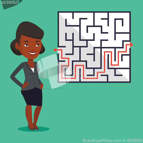 Image of Business woman looking at labyrinth with solution.