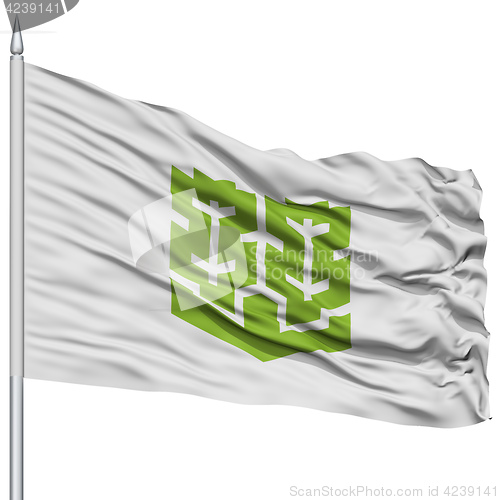 Image of Matsuyama Capital City Flag on Flagpole, Flying in the Wind, Isolated on White Background