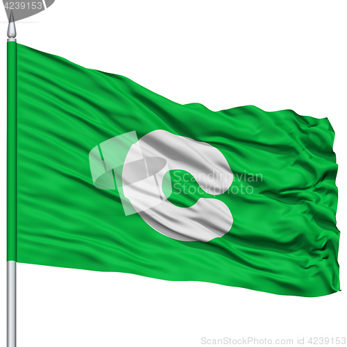 Image of Kumamoto Capital City Flag on Flagpole, Flying in the Wind, Isolated on White Background