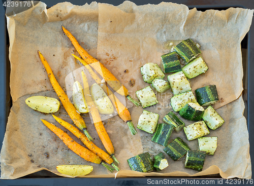 Image of Roasted vegetables in a metallic baking dish