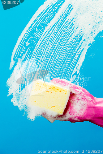 Image of Man washes window with sponge