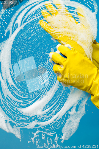 Image of Window cleaner in rubber gloves washes