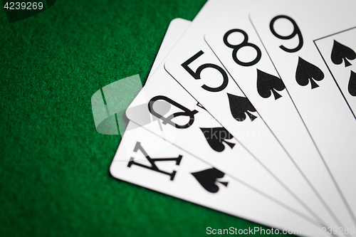 Image of poker hand of playing cards on green casino cloth