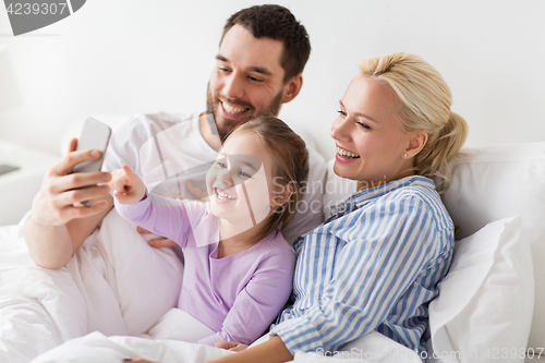Image of happy family taking selfie by smartphone at home