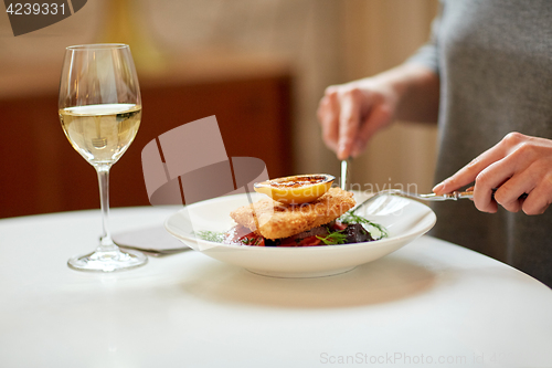 Image of woman eating fish salad at cafe or restaurant