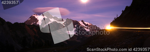 Image of Mount Mt Shuksan Bright Moon Night Car Headlights