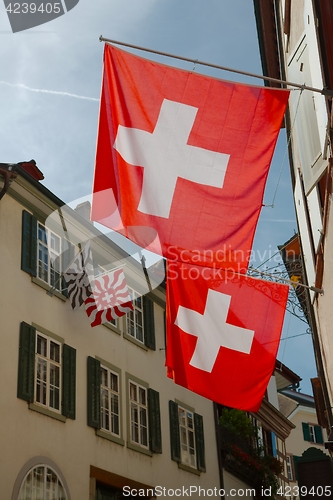 Image of Swiss Flags in a Street