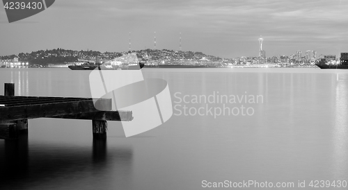 Image of North Seattle Skyline Across Elliott Bay Monochrome Night