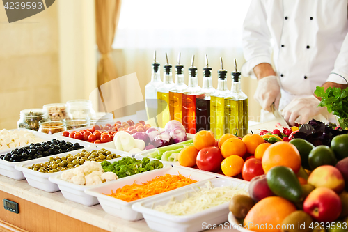 Image of salad bar with vegetables in the restaurant, healthy food