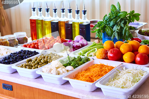 Image of salad bar with vegetables in the restaurant, healthy food