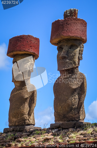 Image of Moais statues site ahu Nao Nao on anakena beach, easter island