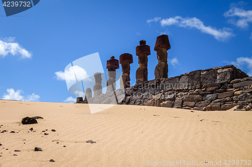 Image of Moais statues site ahu Nao Nao on anakena beach, easter island