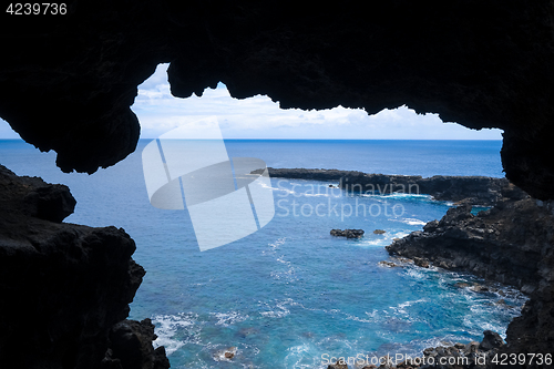 Image of Cliffs and pacific ocean landscape vue from Ana Kakenga cave in 