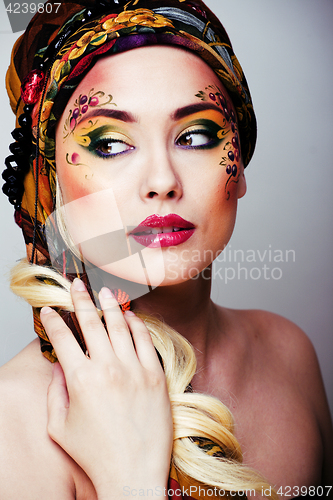 Image of portrait of contemporary noblewoman with face art creative close