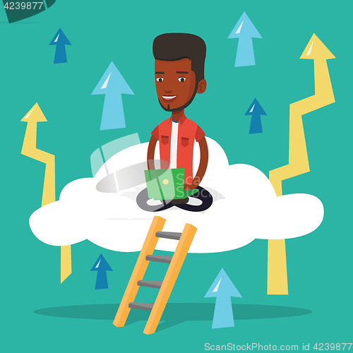 Image of Businessman sitting on cloud with laptop.