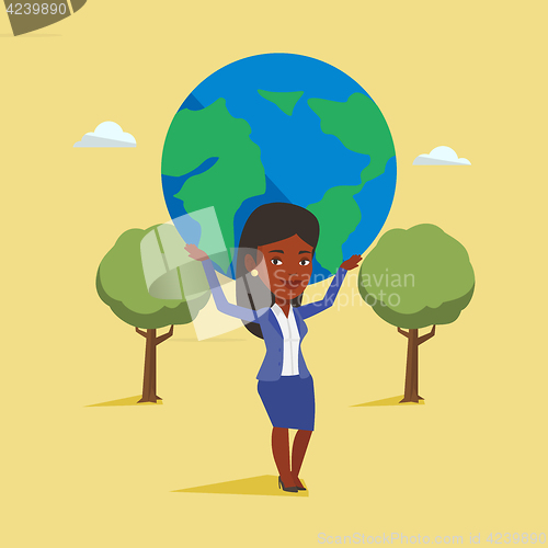 Image of Business woman holding globe vector illustration.