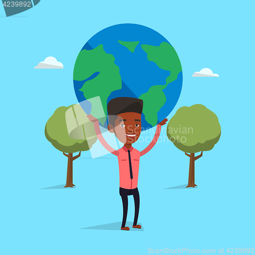 Image of Businessman holding globe vector illustration.